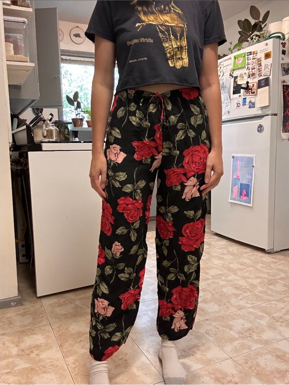 Vintage Floral silk pants roses black
